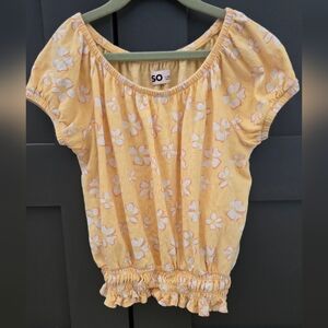 SO Yellow Floral Puff-Sleeve Top with Smocked Hem